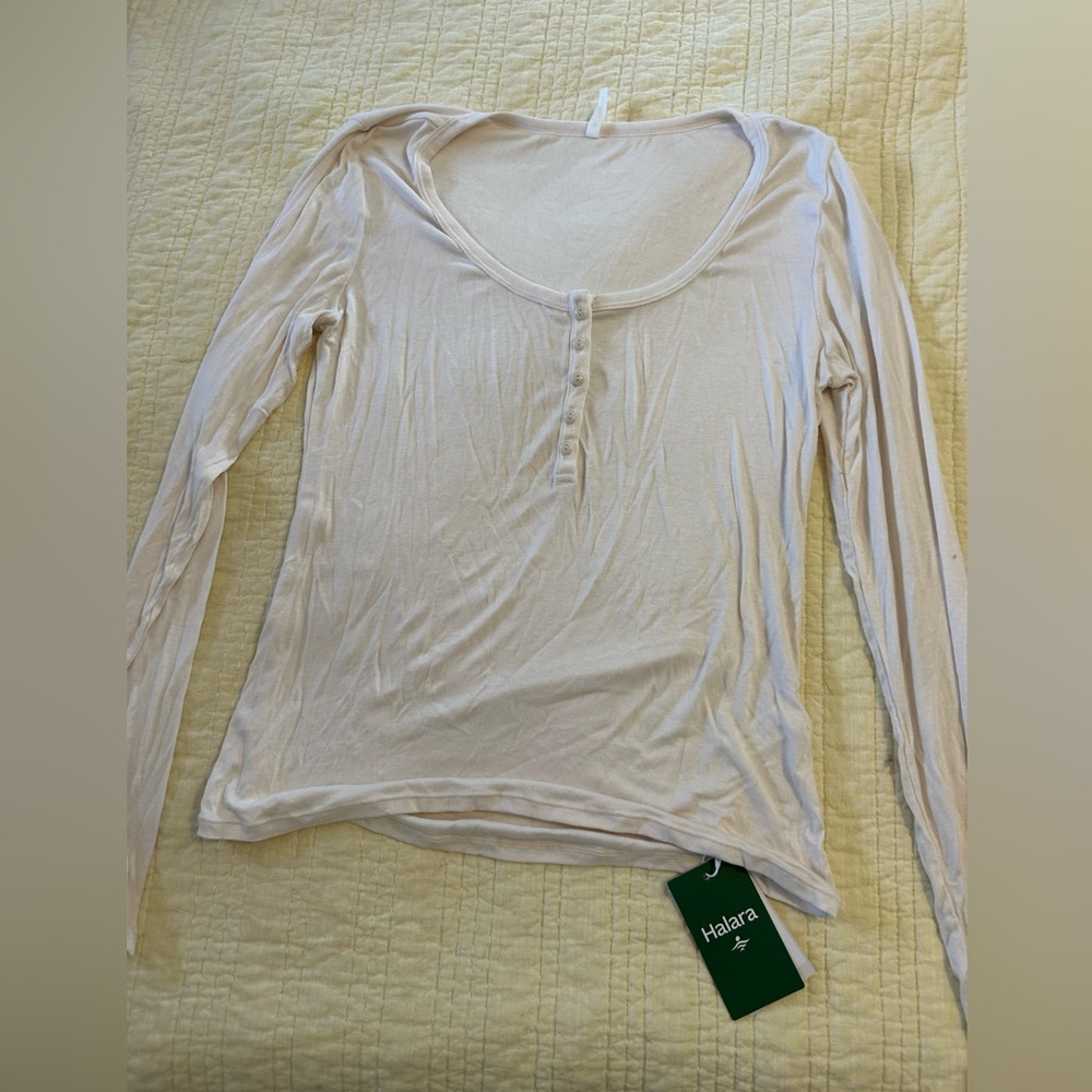 Halara Women's Long-Sleeve Scoop Neck Henley Top - Light Beige Large NWT